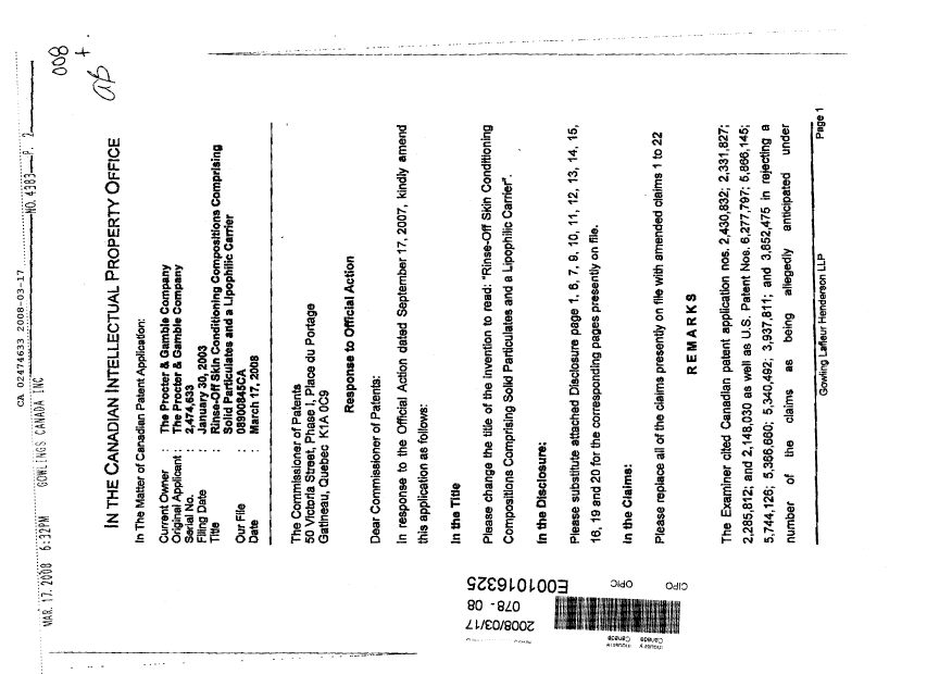 Canadian Patent Document 2474633. Prosecution-Amendment 20071217. Image 1 of 23