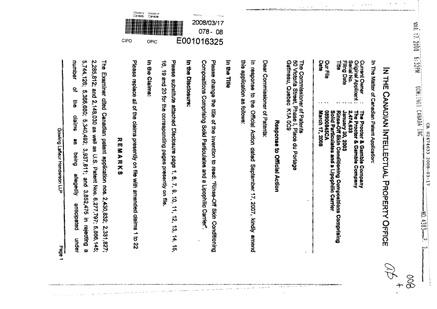 Document de brevet canadien 2474633. Poursuite-Amendment 20071217. Image 1 de 23