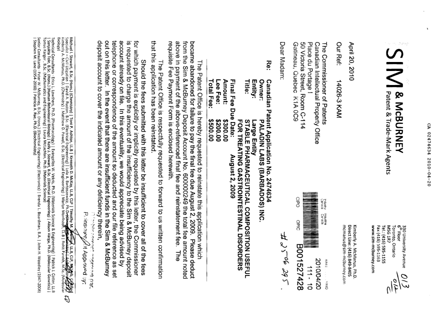 Document de brevet canadien 2474634. Correspondance 20100420. Image 1 de 2