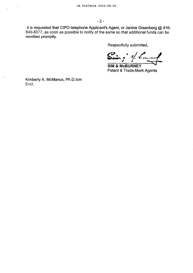 Document de brevet canadien 2474634. Correspondance 20100420. Image 2 de 2