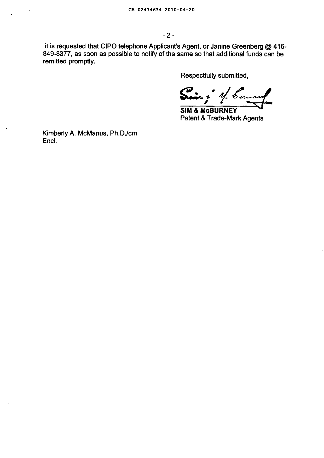 Canadian Patent Document 2474634. Correspondence 20100420. Image 2 of 2