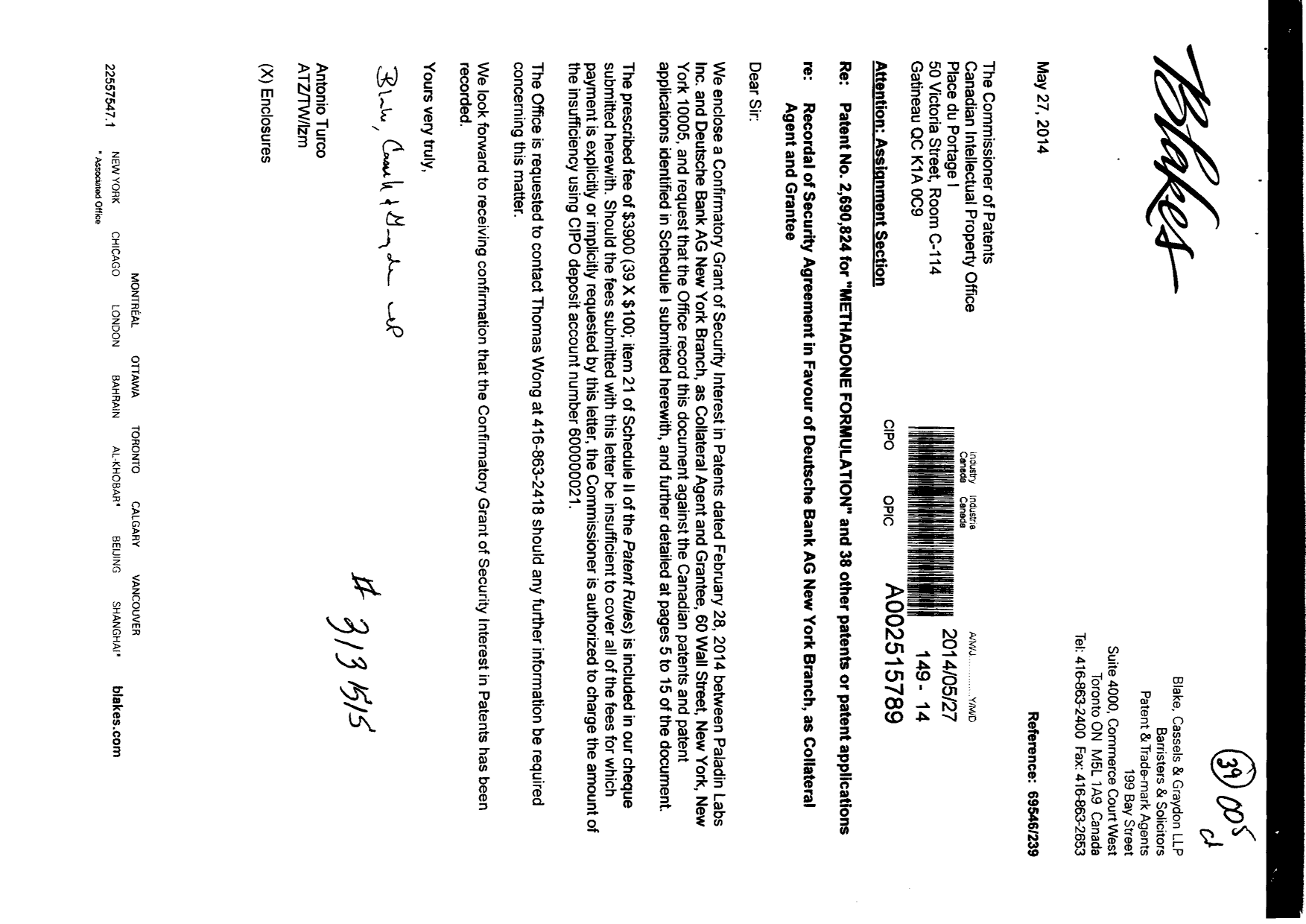 Canadian Patent Document 2474634. Assignment 20140527. Image 1 of 17