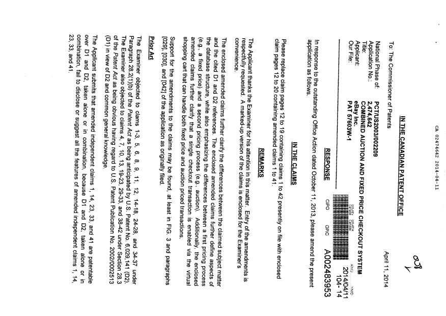 Document de brevet canadien 2474642. Poursuite-Amendment 20140411. Image 1 de 23