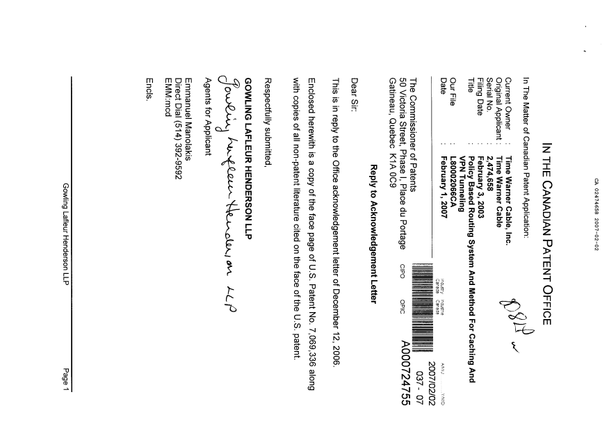 Canadian Patent Document 2474658. Prosecution-Amendment 20070202. Image 1 of 1