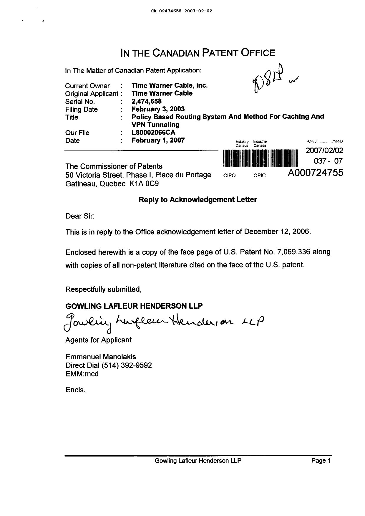 Document de brevet canadien 2474658. Poursuite-Amendment 20070202. Image 1 de 1