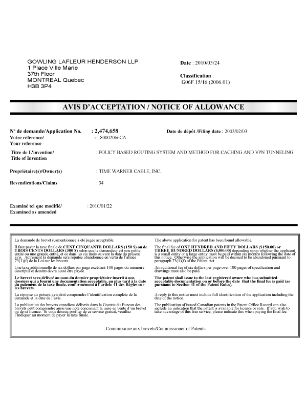 Document de brevet canadien 2474658. Correspondance 20100826. Image 1 de 1