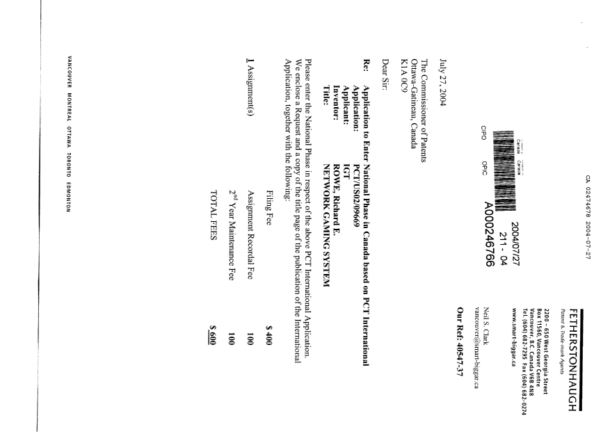 Document de brevet canadien 2474678. Cession 20040727. Image 1 de 8