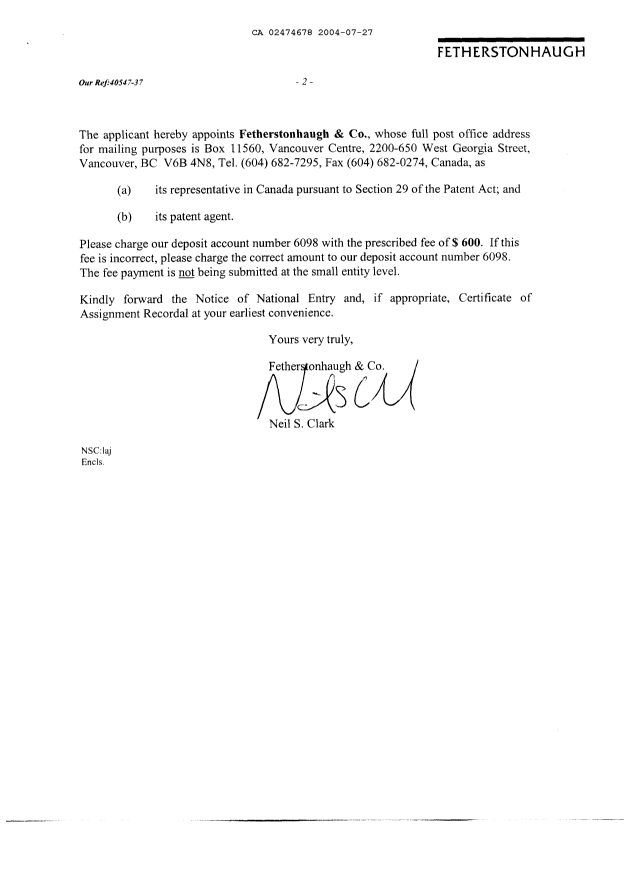 Document de brevet canadien 2474678. Cession 20040727. Image 2 de 8