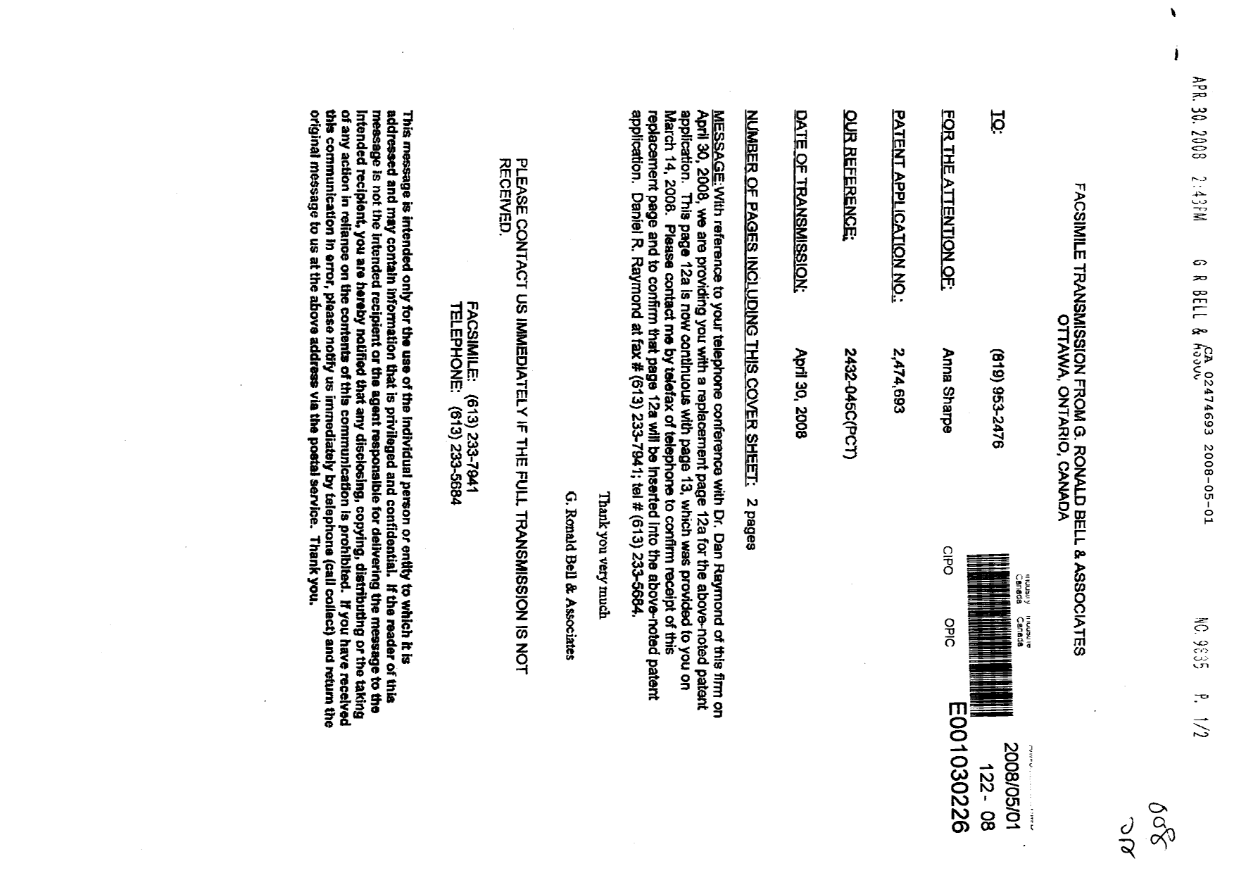 Canadian Patent Document 2474693. Prosecution-Amendment 20080501. Image 1 of 2