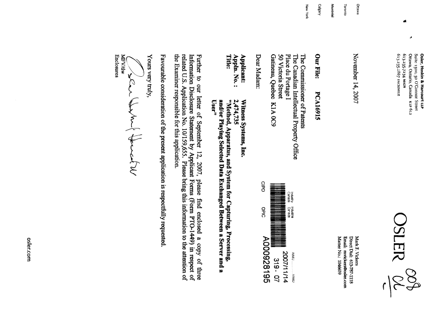 Document de brevet canadien 2474735. Poursuite-Amendment 20071114. Image 1 de 1