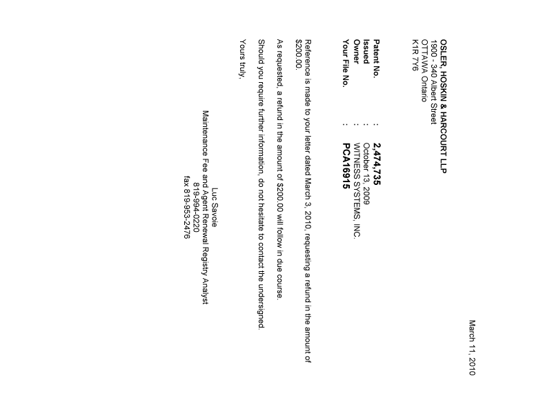 Document de brevet canadien 2474735. Correspondance 20100311. Image 1 de 1
