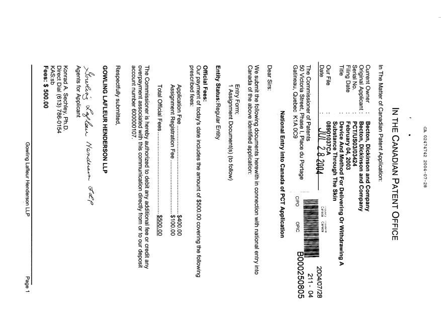 Document de brevet canadien 2474742. Cession 20031228. Image 1 de 5
