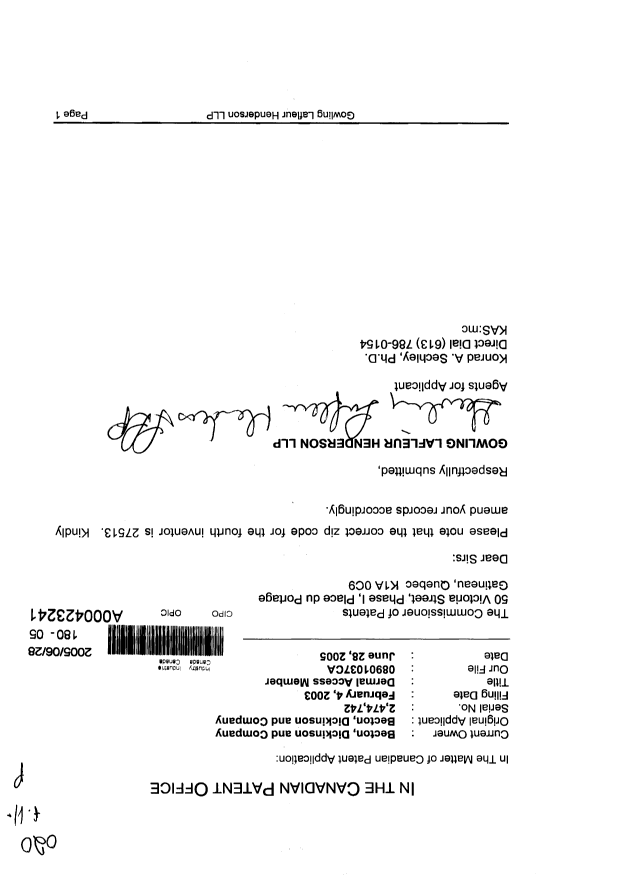 Document de brevet canadien 2474742. Correspondance 20050628. Image 1 de 1