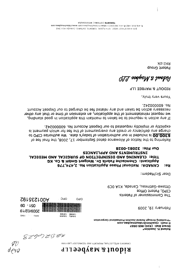 Canadian Patent Document 2474776. Correspondence 20090219. Image 1 of 1