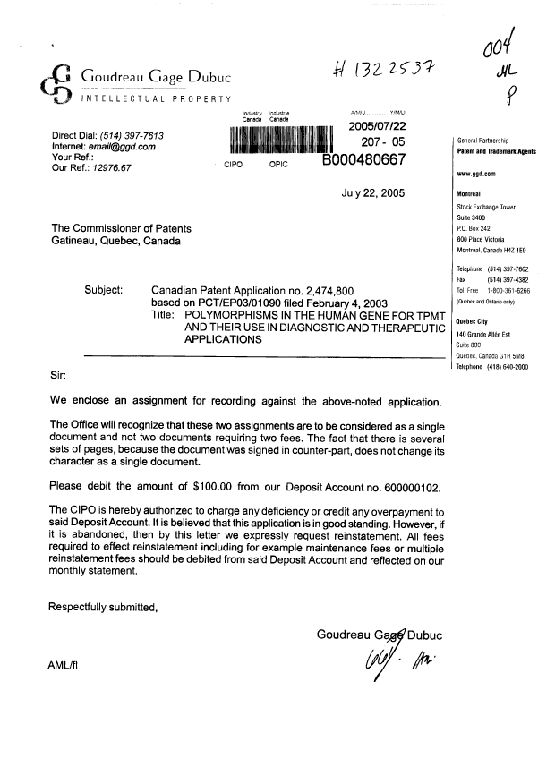 Document de brevet canadien 2474800. Cession 20050722. Image 1 de 3