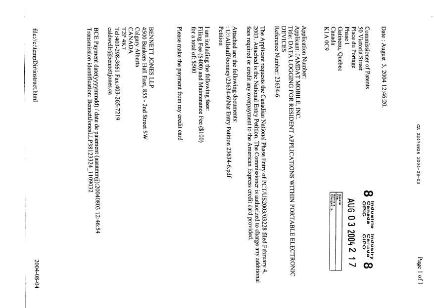Document de brevet canadien 2474826. Cession 20040803. Image 1 de 3