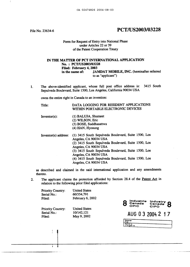 Document de brevet canadien 2474826. Cession 20040803. Image 2 de 3
