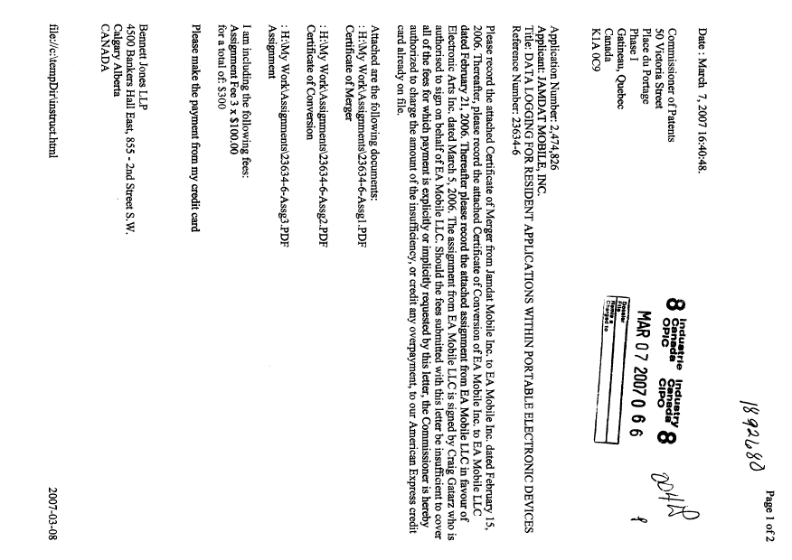 Document de brevet canadien 2474826. Cession 20070307. Image 1 de 15