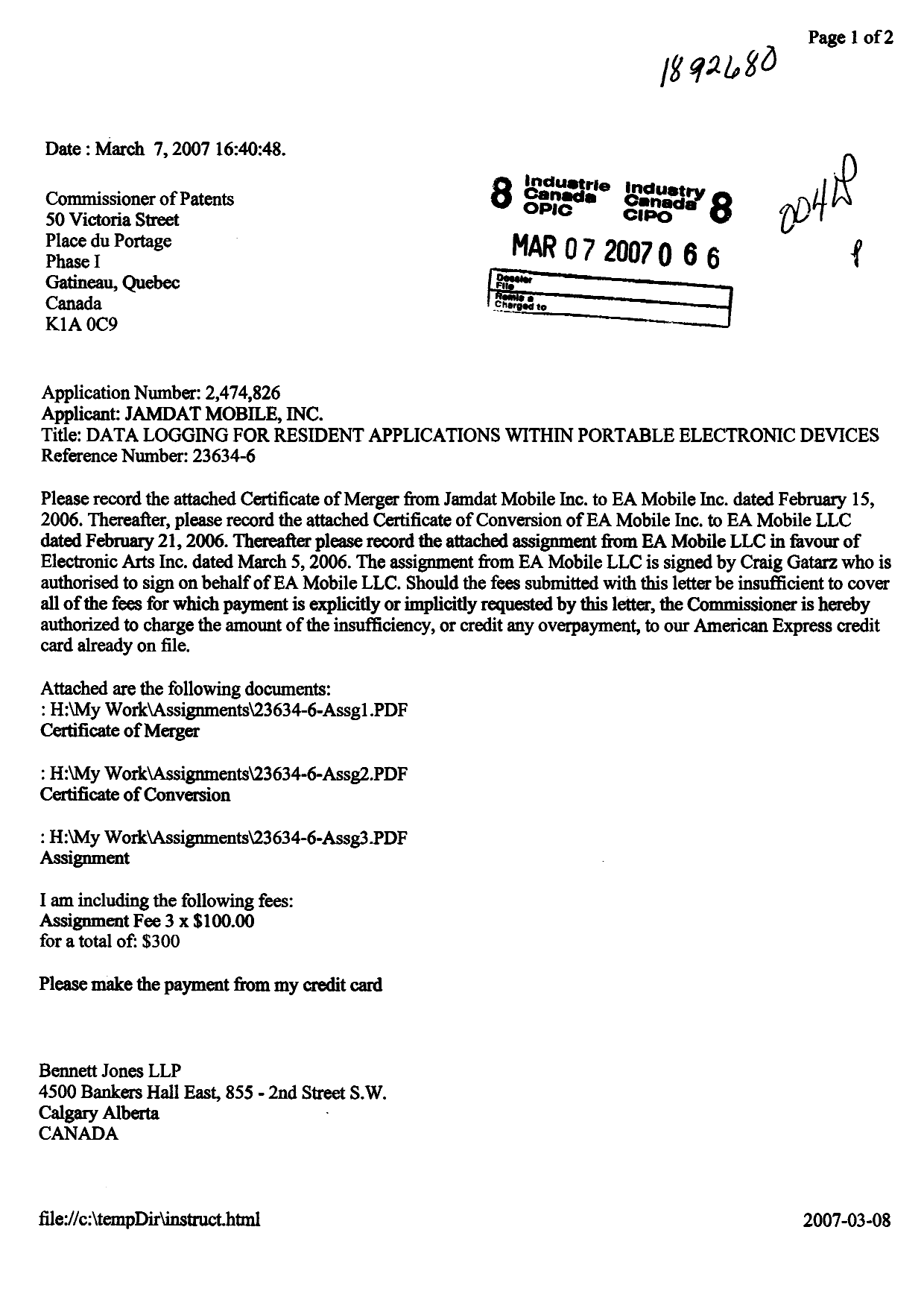 Document de brevet canadien 2474826. Cession 20070307. Image 1 de 15