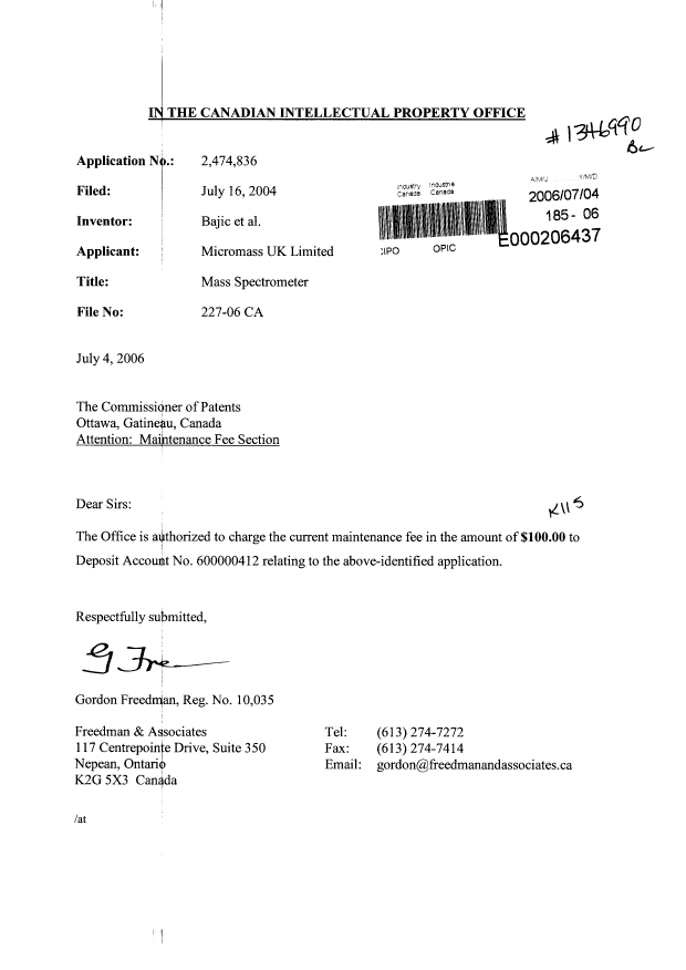 Document de brevet canadien 2474836. Taxes 20060704. Image 1 de 1