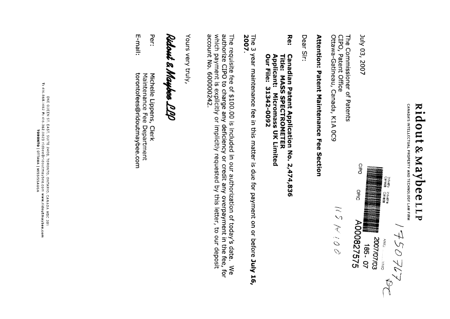 Document de brevet canadien 2474836. Taxes 20070703. Image 1 de 1