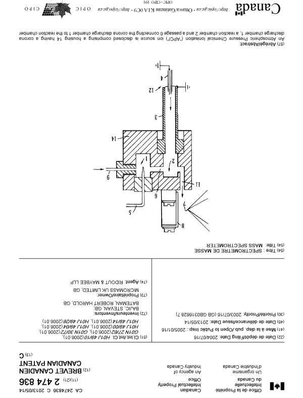 Canadian Patent Document 2474836. Cover Page 20130429. Image 1 of 2