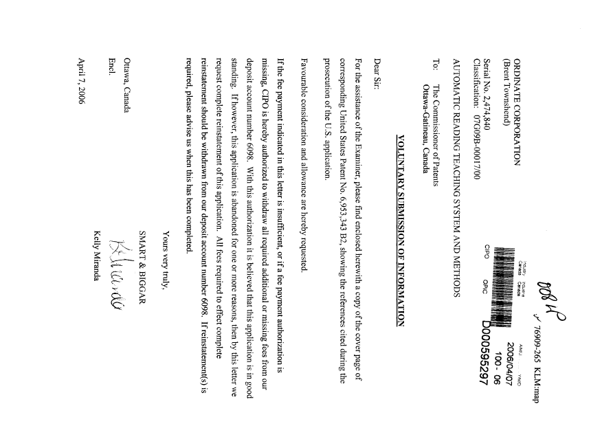 Canadian Patent Document 2474840. Prosecution-Amendment 20060407. Image 1 of 1