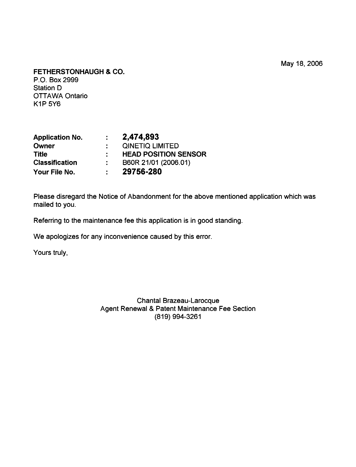 Document de brevet canadien 2474893. Correspondance 20060518. Image 1 de 1