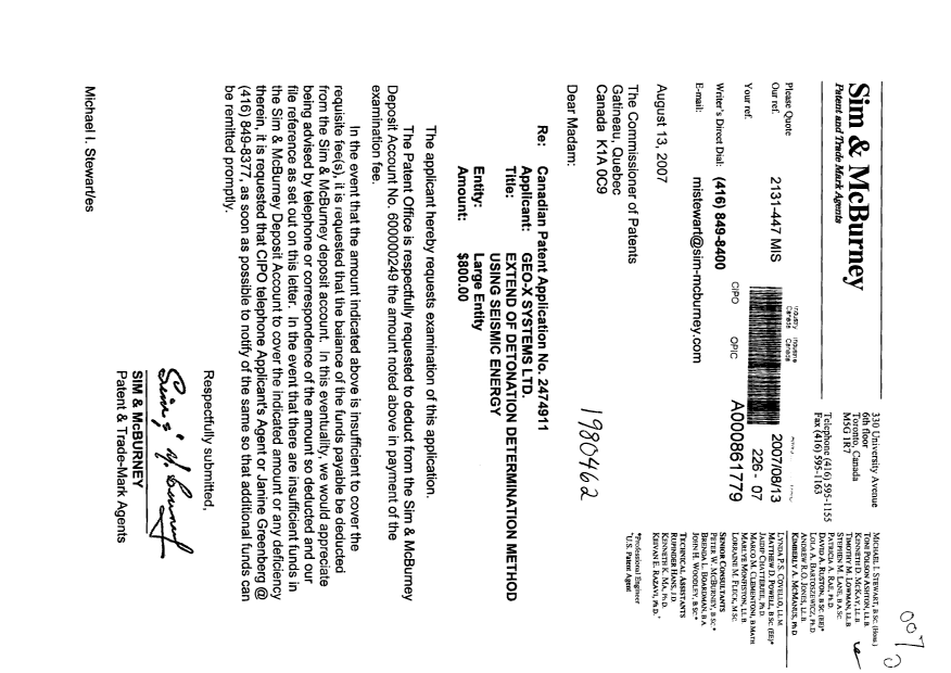 Canadian Patent Document 2474911. Prosecution-Amendment 20070813. Image 1 of 1