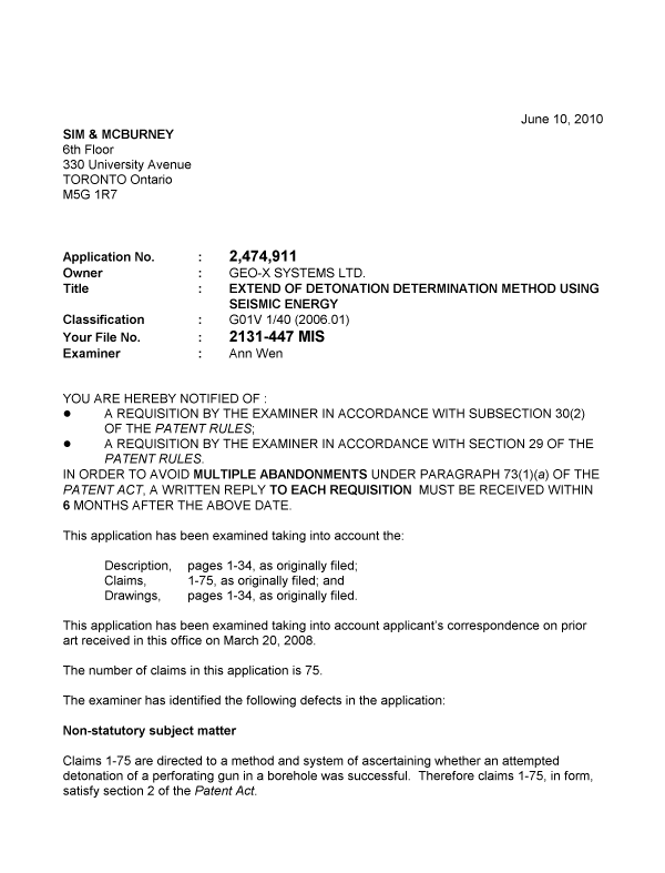 Document de brevet canadien 2474911. Poursuite-Amendment 20100610. Image 1 de 3
