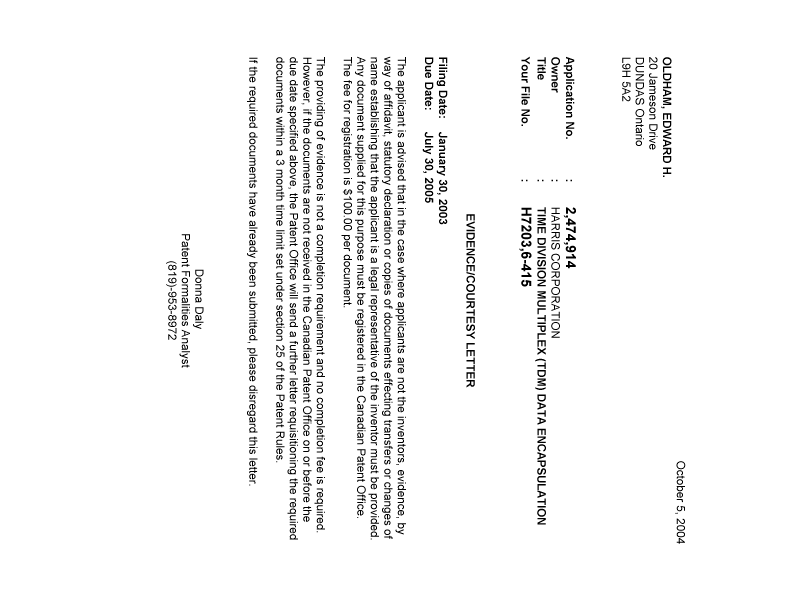 Document de brevet canadien 2474914. Correspondance 20040930. Image 1 de 1