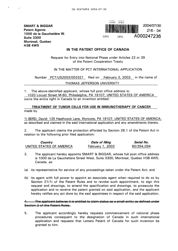 Canadian Patent Document 2474954. Assignment 20040730. Image 3 of 3