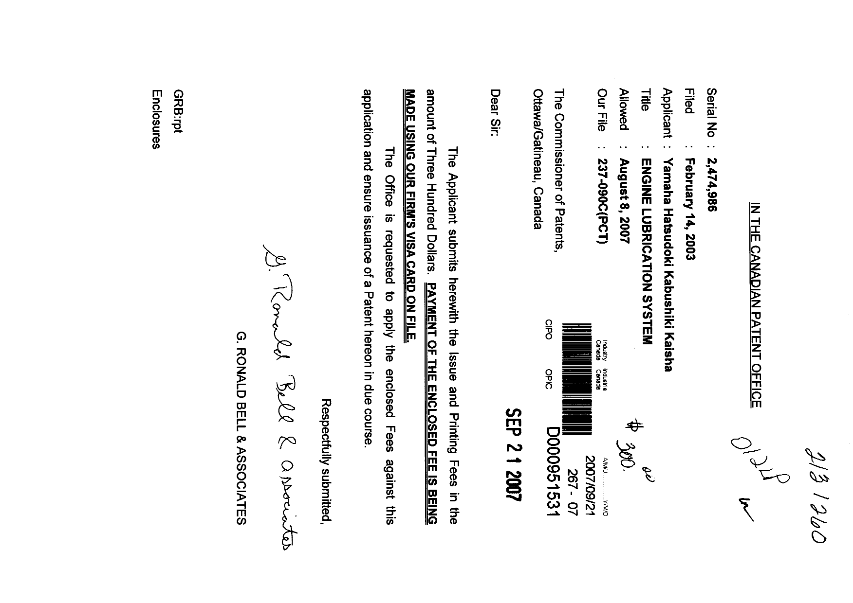 Canadian Patent Document 2474986. Correspondence 20070921. Image 1 of 1