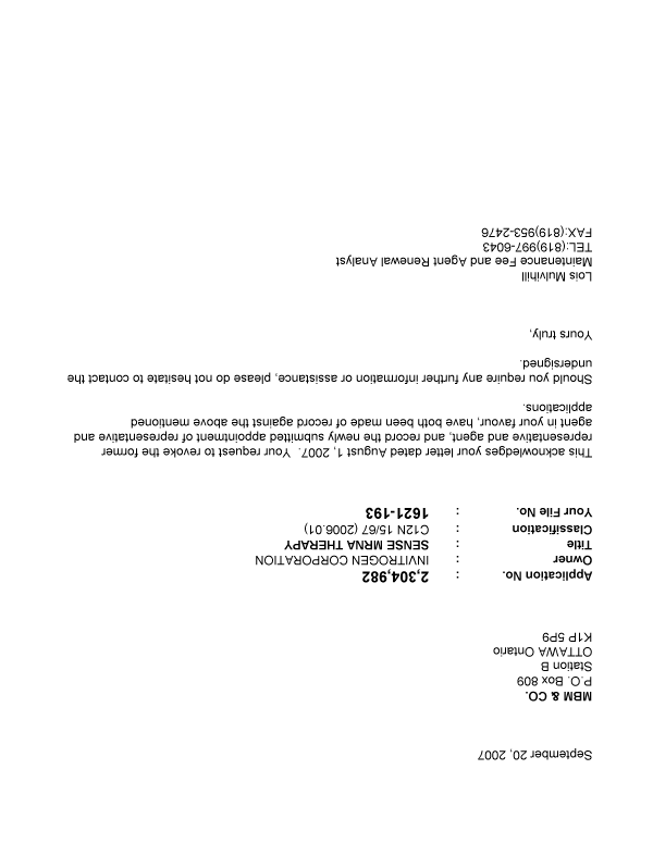 Document de brevet canadien 2475003. Correspondance 20061220. Image 1 de 1
