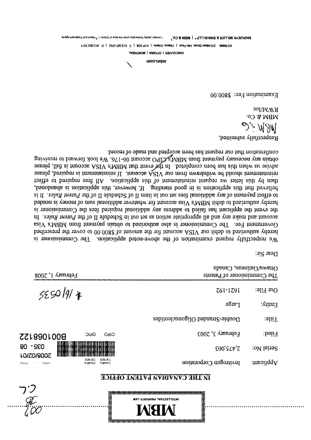 Canadian Patent Document 2475003. Prosecution-Amendment 20071201. Image 1 of 1