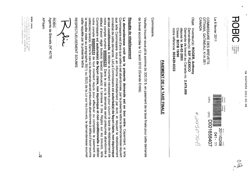 Document de brevet canadien 2475059. Correspondance 20110208. Image 1 de 2
