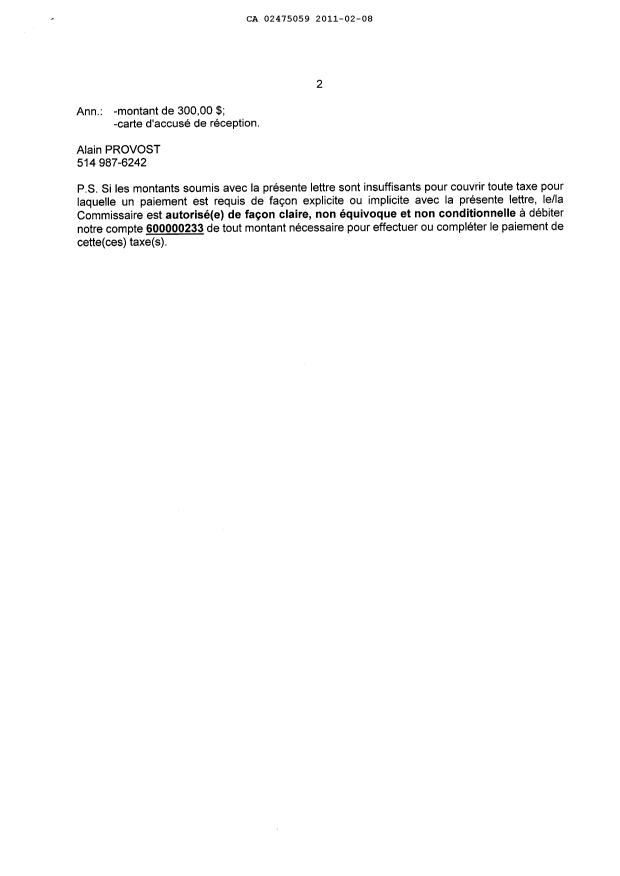 Document de brevet canadien 2475059. Correspondance 20110208. Image 2 de 2