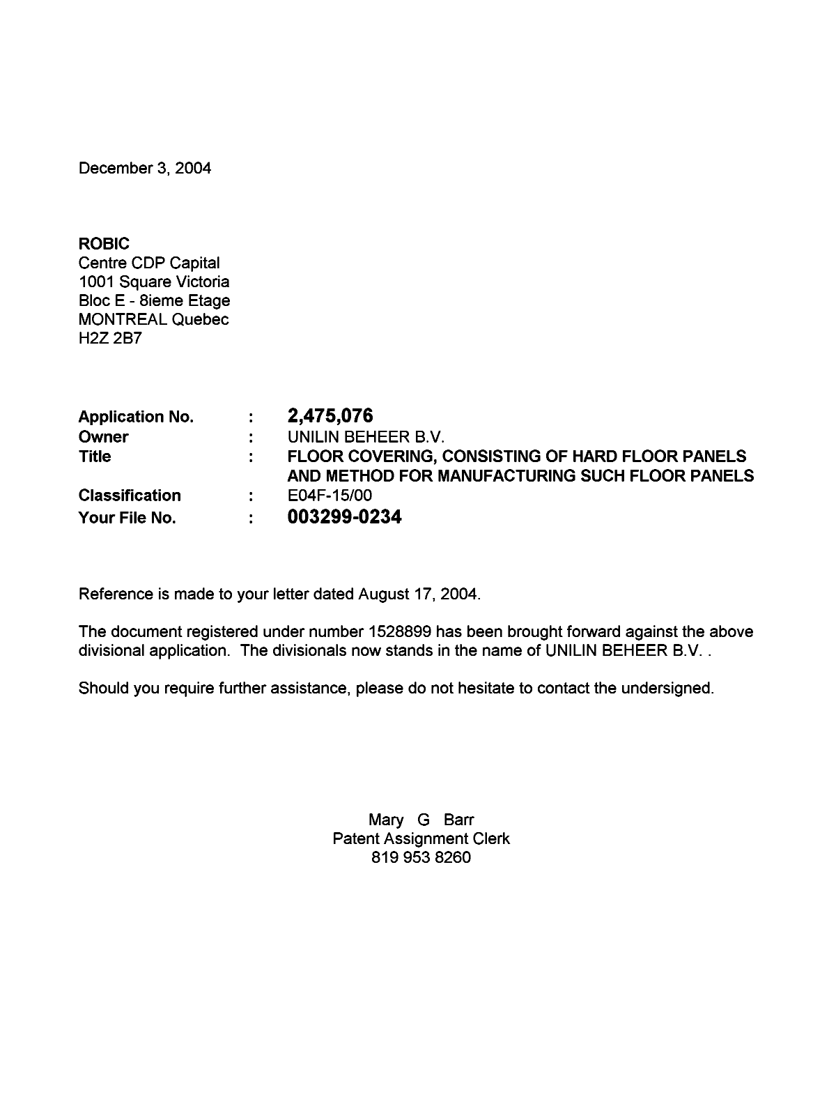 Document de brevet canadien 2475076. Correspondance 20041203. Image 1 de 1