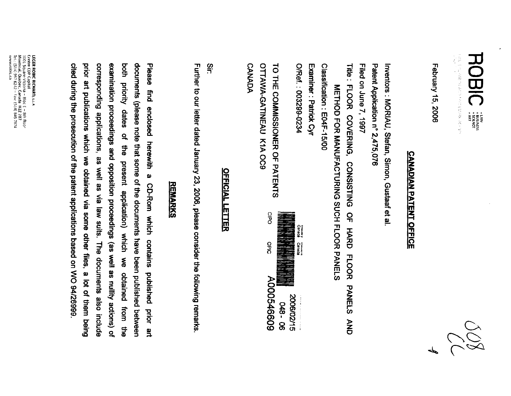 Canadian Patent Document 2475076. Prosecution Correspondence 20060215. Image 1 of 2