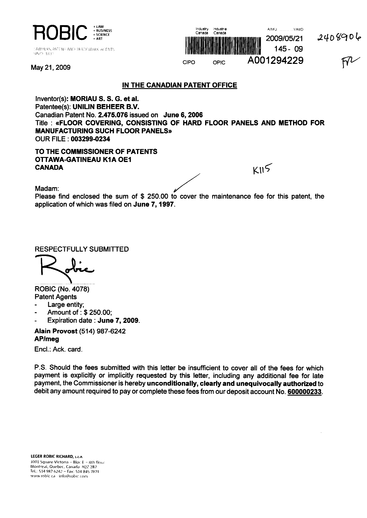 Document de brevet canadien 2475076. Taxes 20081221. Image 1 de 1