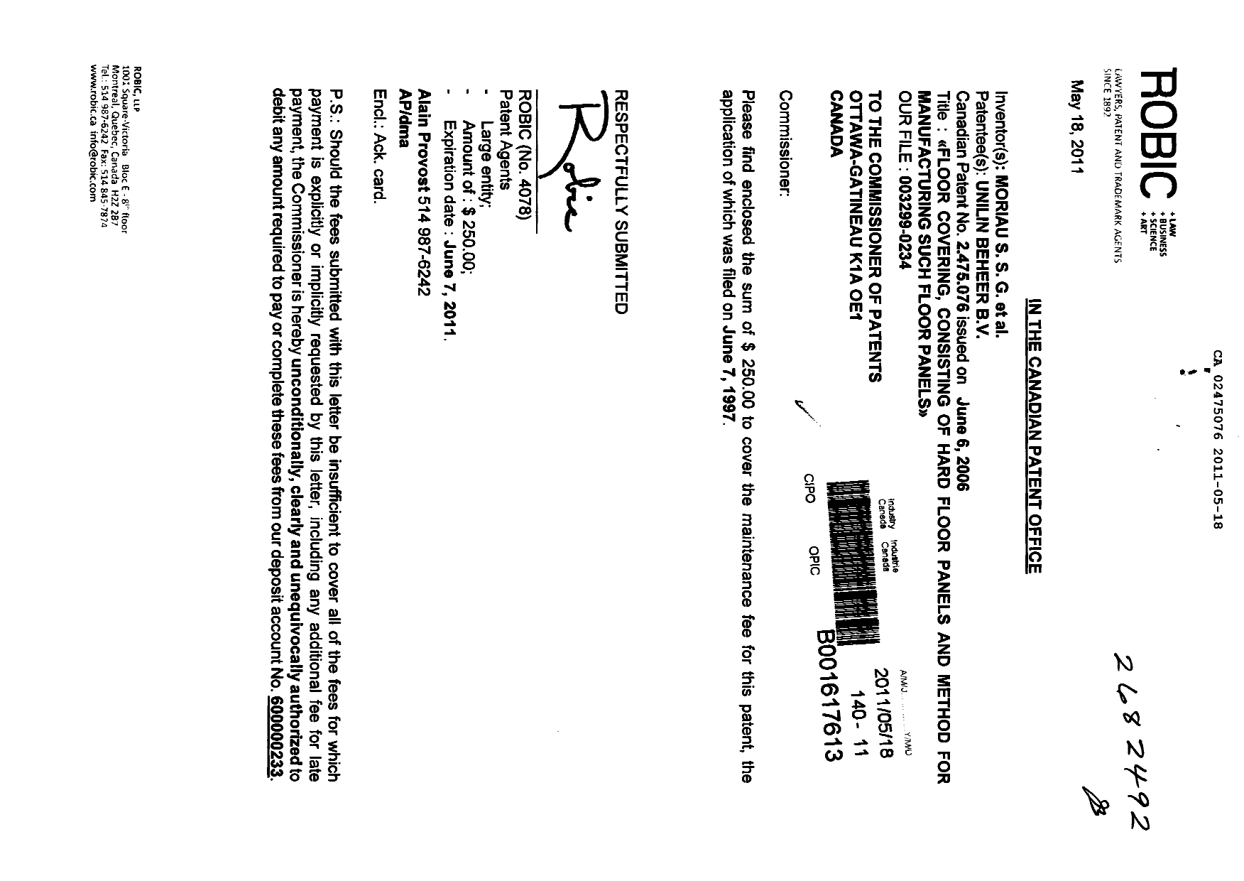 Document de brevet canadien 2475076. Taxes 20101218. Image 1 de 1
