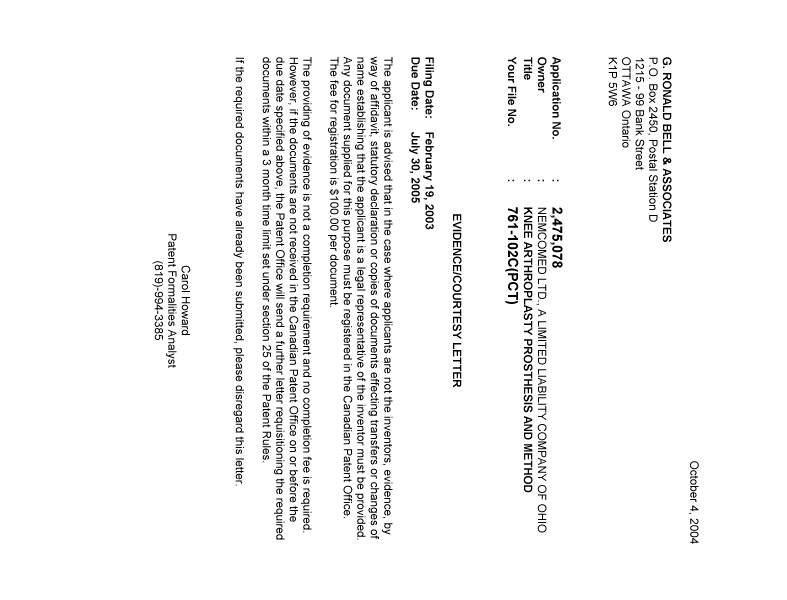 Canadian Patent Document 2475078. Correspondence 20041004. Image 1 of 1
