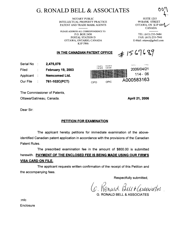 Canadian Patent Document 2475078. Prosecution-Amendment 20060421. Image 1 of 1