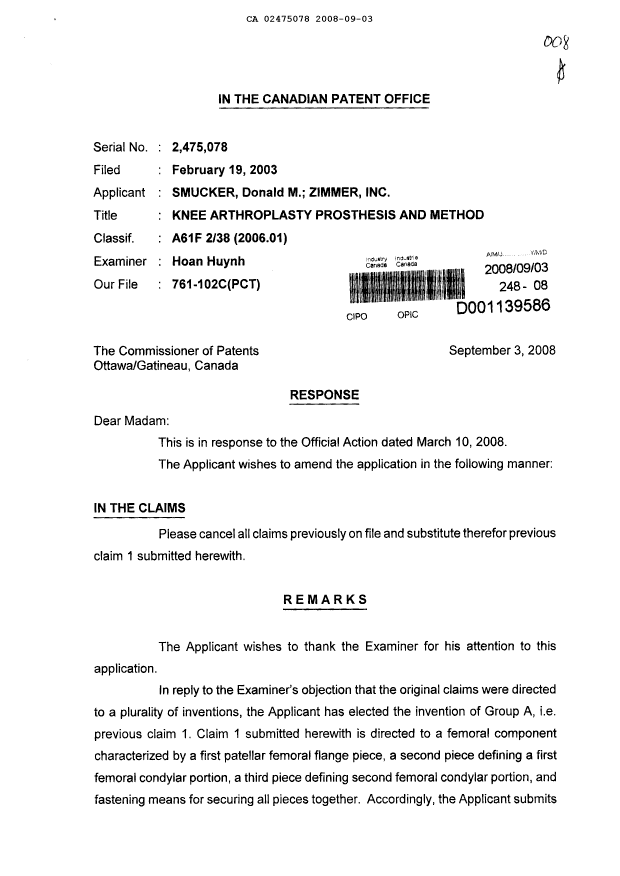 Canadian Patent Document 2475078. Prosecution-Amendment 20080903. Image 1 of 3