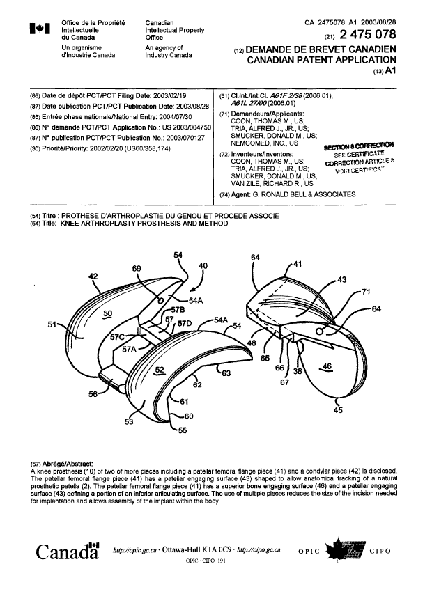 Canadian Patent Document 2475078. Cover Page 20080923. Image 1 of 2