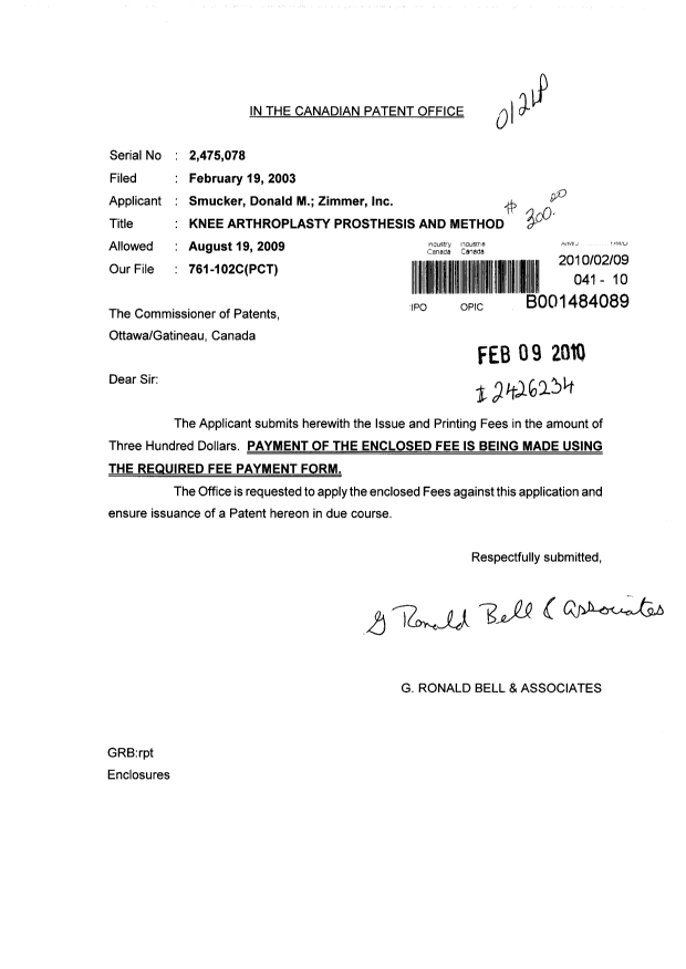 Document de brevet canadien 2475078. Correspondance 20100209. Image 1 de 1