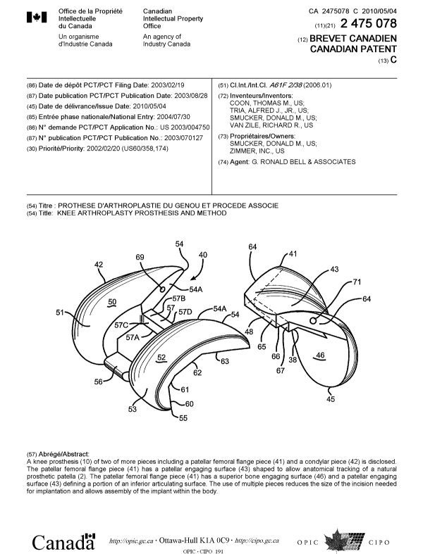 Document de brevet canadien 2475078. Page couverture 20100413. Image 1 de 1