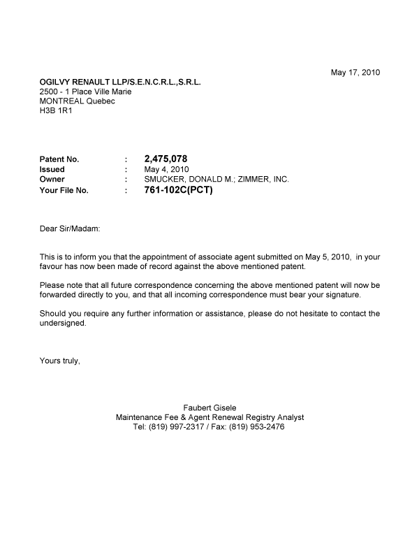 Canadian Patent Document 2475078. Correspondence 20100517. Image 1 of 1