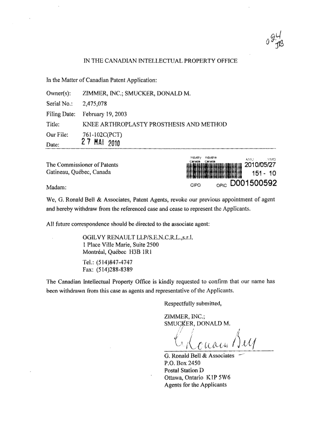 Document de brevet canadien 2475078. Correspondance 20100527. Image 1 de 1