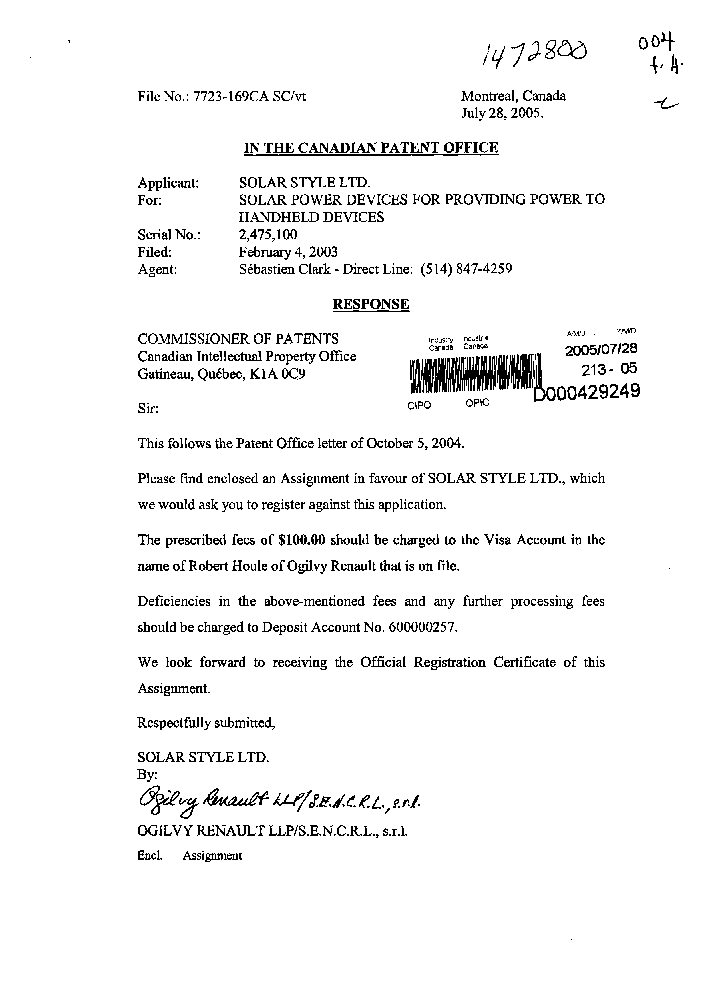 Canadian Patent Document 2475100. Assignment 20050728. Image 1 of 3